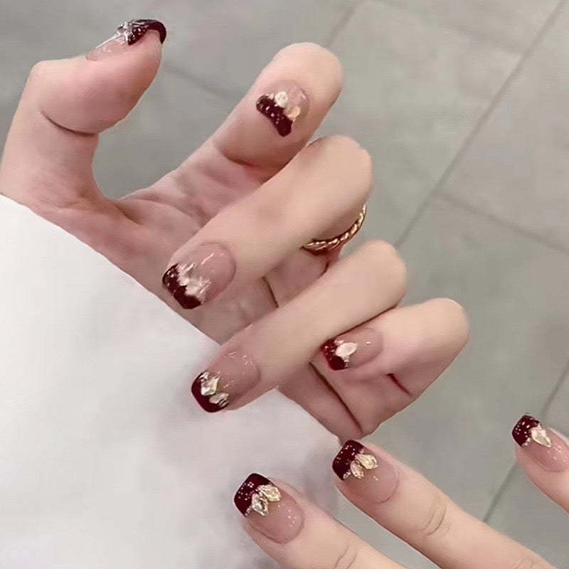 Burgundy Bliss Medium Square Maroon Press-On Nails with Gold Foil Accents