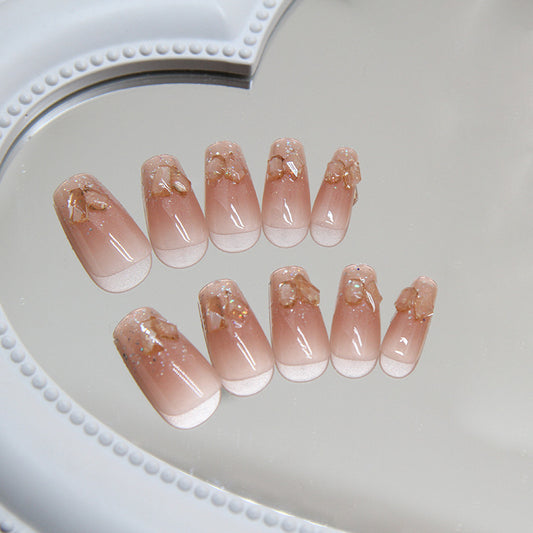 Enchanted Elegance Medium Coffin Beige Press On Nails with Gold Flake Accents