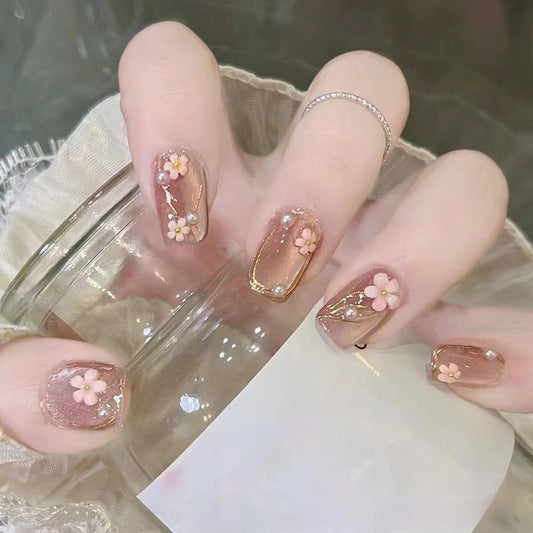 Golden Glamour Medium Square Clear Press On Nails with Gold Glitter and Rhinestone Accents