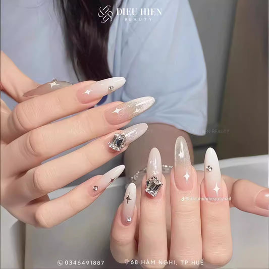 Starry Elegance Long Almond Beige and Glitter Press On Nail Set with Rhinestone Accents