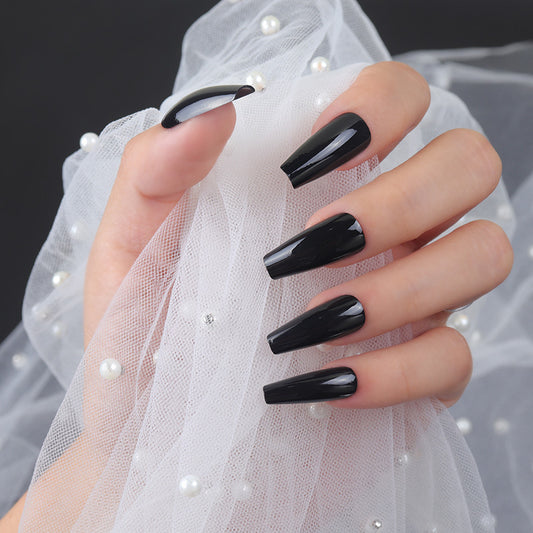 Elegant Evening Long Coffin Glossy Black Press On Nail Set with Sleek Curvature Design