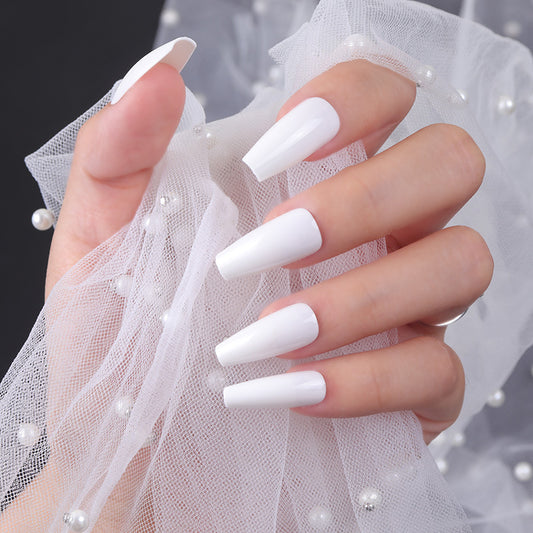 Bridal Elegance Long Coffin Shape Pure White Press-On Nail Set with Pearl Accents