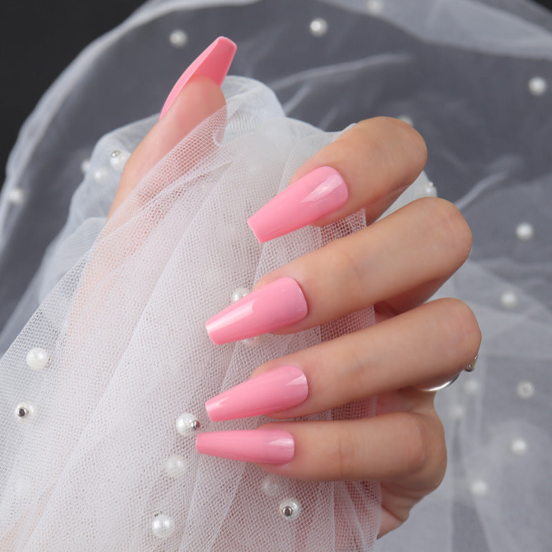 Elegant Bridal Long Coffin Baby Pink Press On Nail Set with Pearl Accent Detail