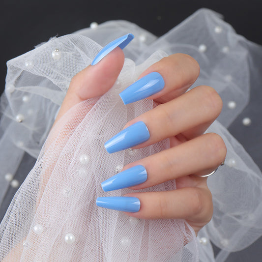 Enchanted Sky Blue Long Coffin Press On Nail Set with Glossy Finish