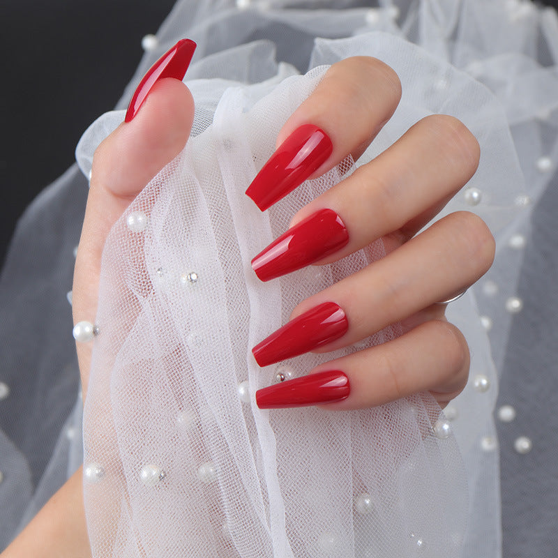 Elegant Scarlet Affair Long Coffin Red Press On Nail Set with Pearl Accents