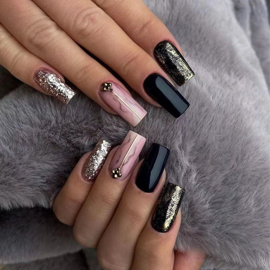 Witcher Medium Square Black Glam Press On Nails
