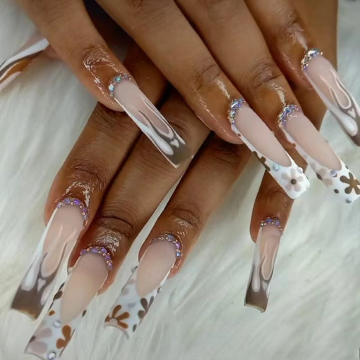 Up To No Good Long Square Brown Flames Press On Nails