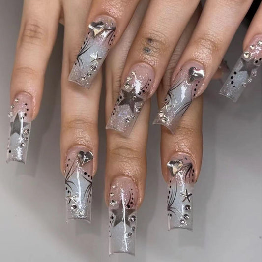 Collecting Stars Long Square Silver Bold Press On Nails