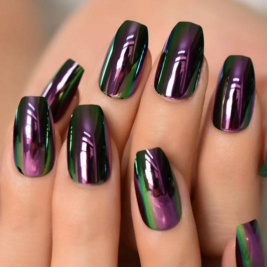 Crazy Chrome Short Coffin Purple Glossy Press On Nails