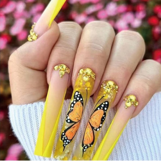 Spread Your Wings Long Coffin Yellow Animal Pattern Press On Nails