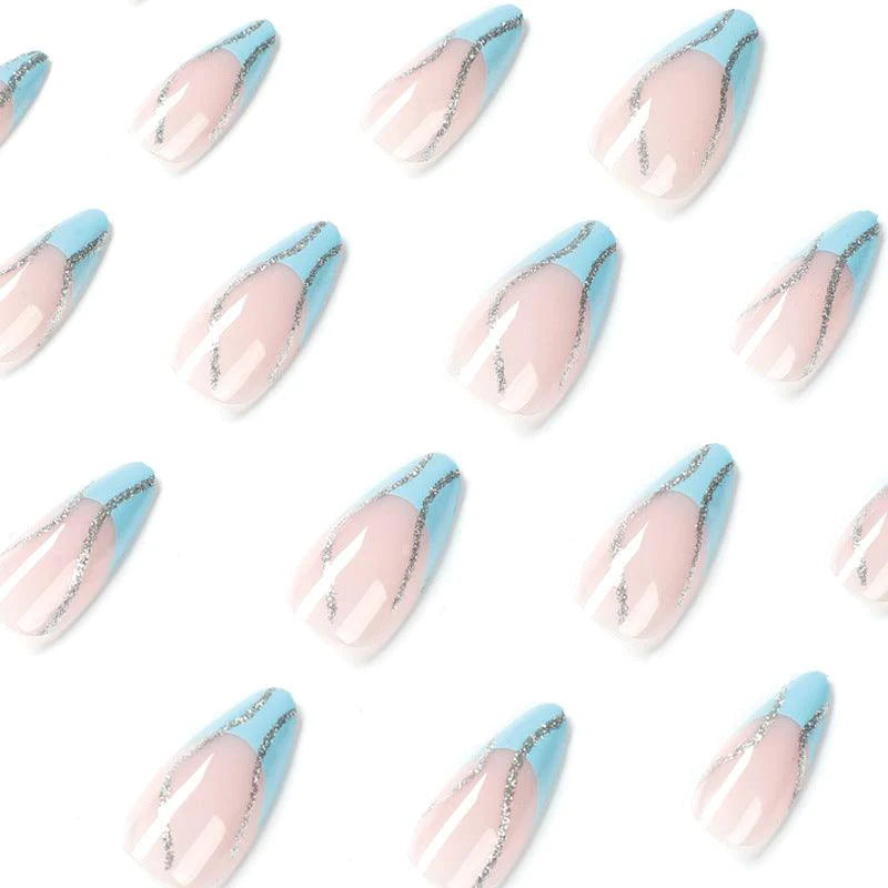 Baby Blue Skies Long Almond Blue French Tips Press On Nails