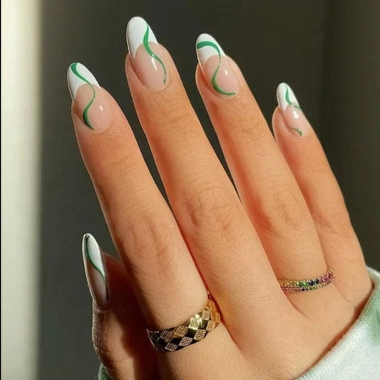 Swirling Vines Medium Oval Green Everyday Press On Nails