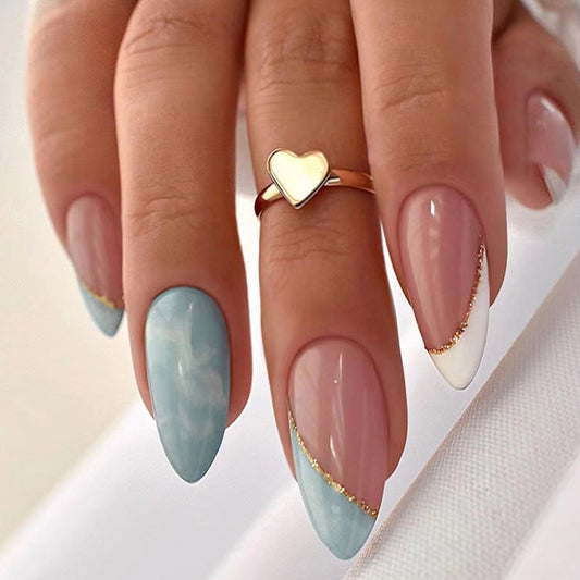 Marble Gold Trim Long Almond Blue Everyday Press On Nails