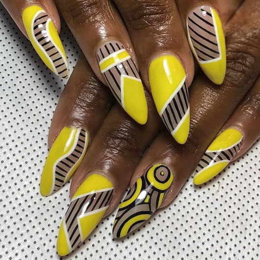 Over Time Long Almond Yellow Pattern Press On Nails