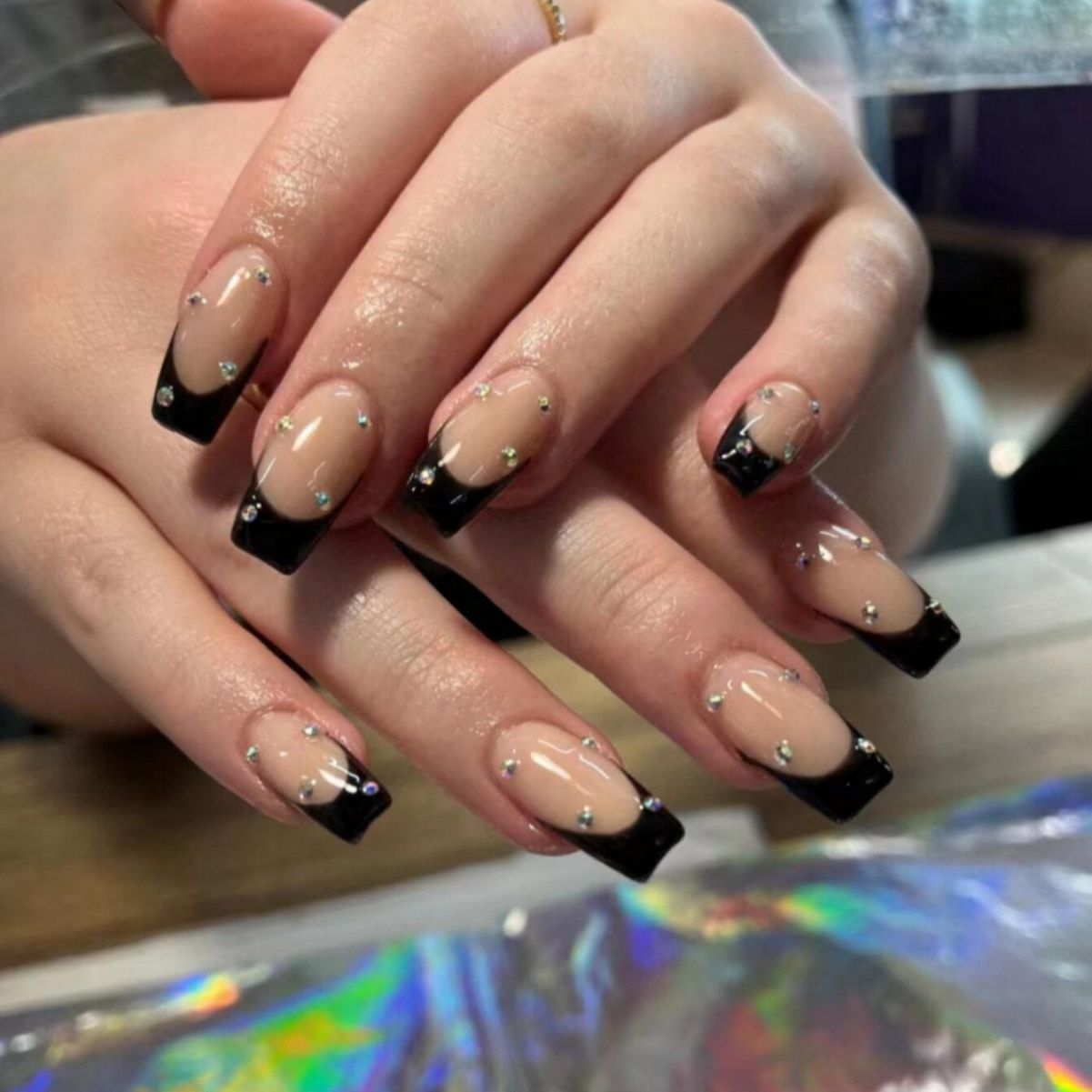 Starry Night Elegance Medium Square Black and Beige Press On Nail Set with Rhinestone Accents