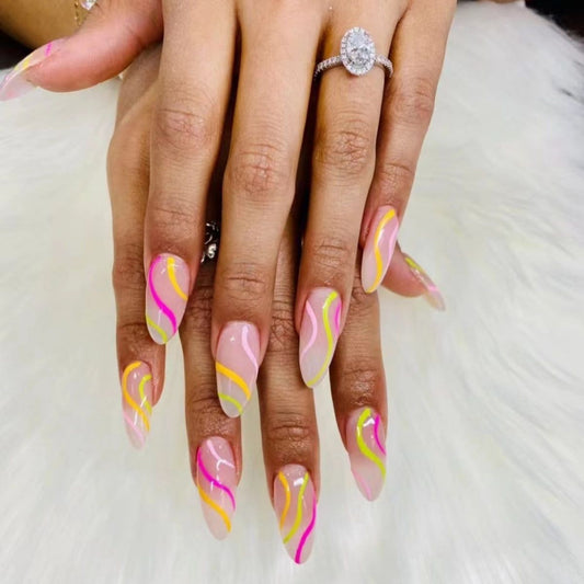 Summer Swirl Extravaganza Medium Almond Pink Yellow Swirl Press On Nail Set with Glossy Finish