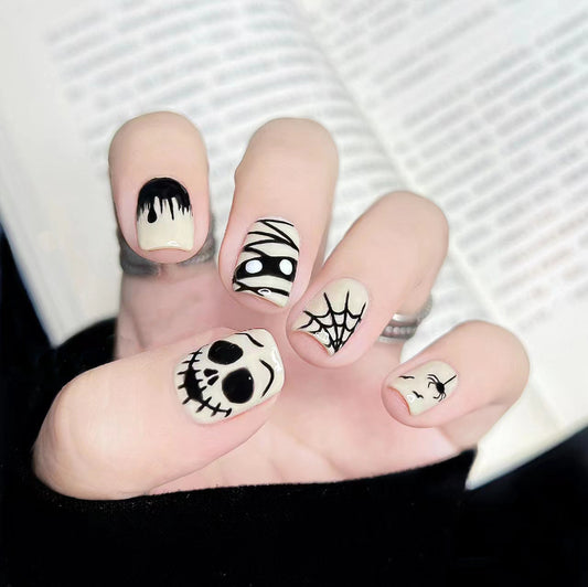 Spooky Elegance Medium-Length Square Black and White Press On Nail Set with Halloween-themed Artwork