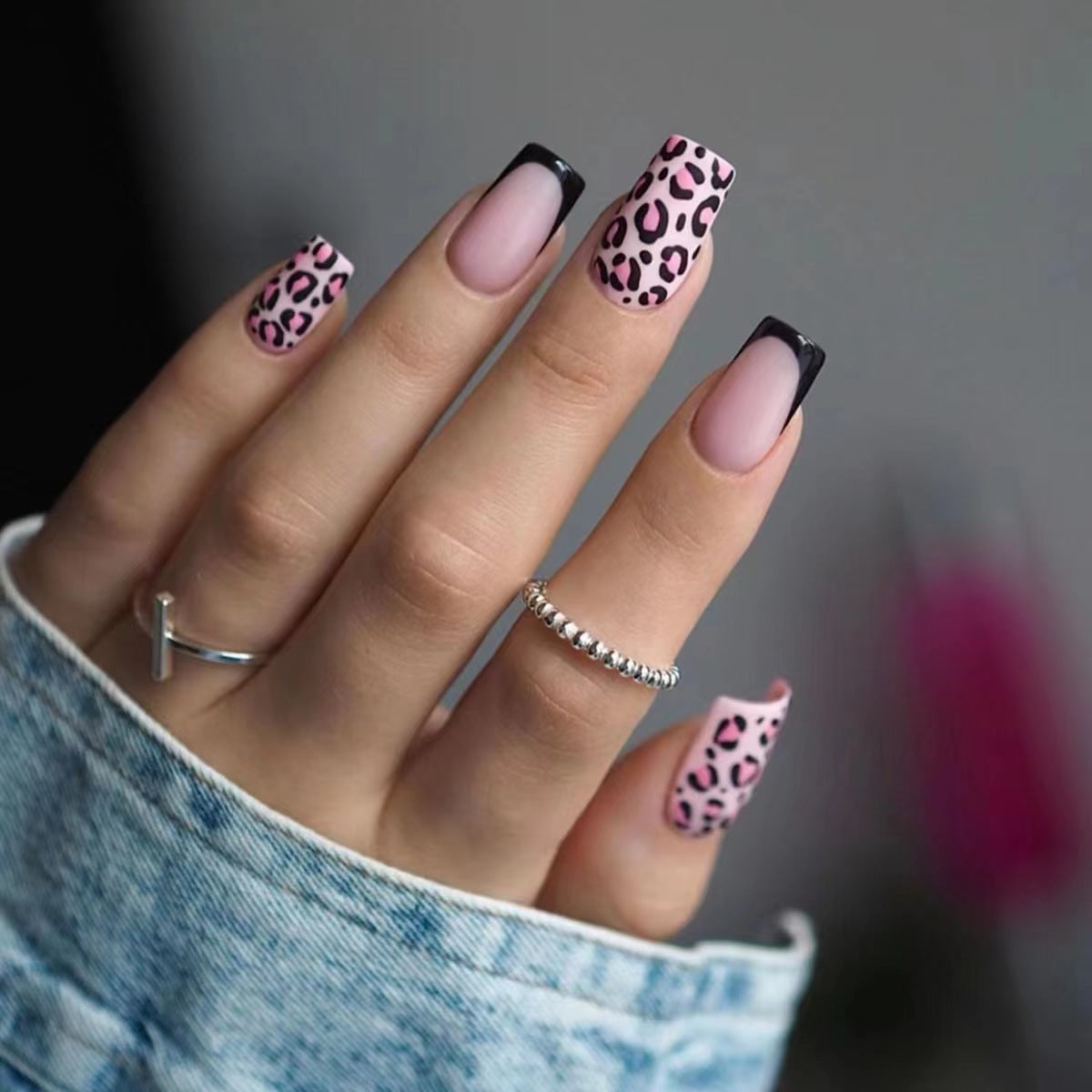 Safari Chic Medium Square Black and Pink Leopard Print Press On Nail Set with Matte and Glossy Accents