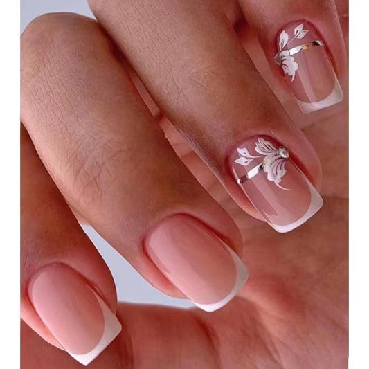 Elegant Blossom Short Square Beige Press On Nail Set with White Floral Accents and Metallic Stripe Detail