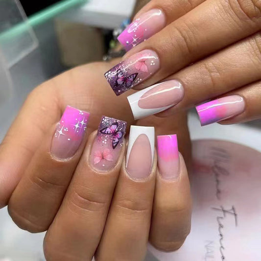 Enchanted Blossom Medium Square Pink Ombre Press on Nail Set with Butterfly Accents