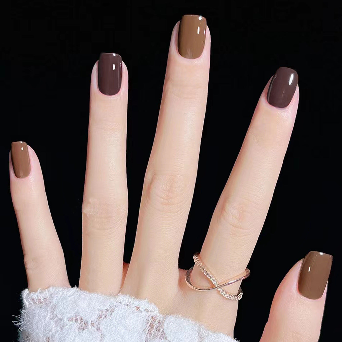 Elegant Caf≈Ω Charm Medium Square Chocolate Brown Press On Nails with Glossy Finish