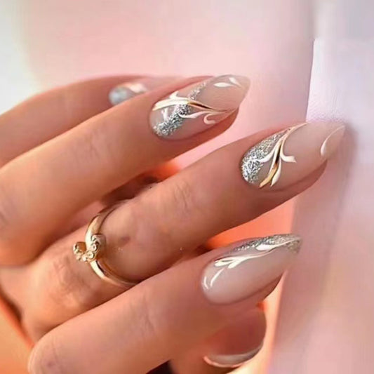 Elegant Bridal Collection Medium Almond Beige Press On Nails with Silver Glitter Accents and Swirl Designs