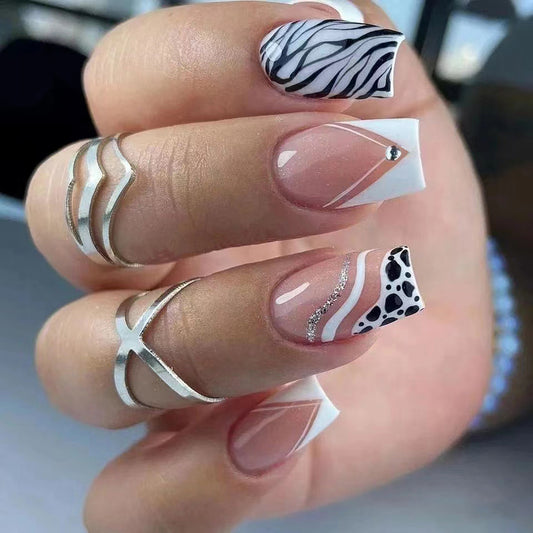 Safari Chic Extra Medium Square Press On Nails with White and Black Animal Print Accents and Glitter Detail
