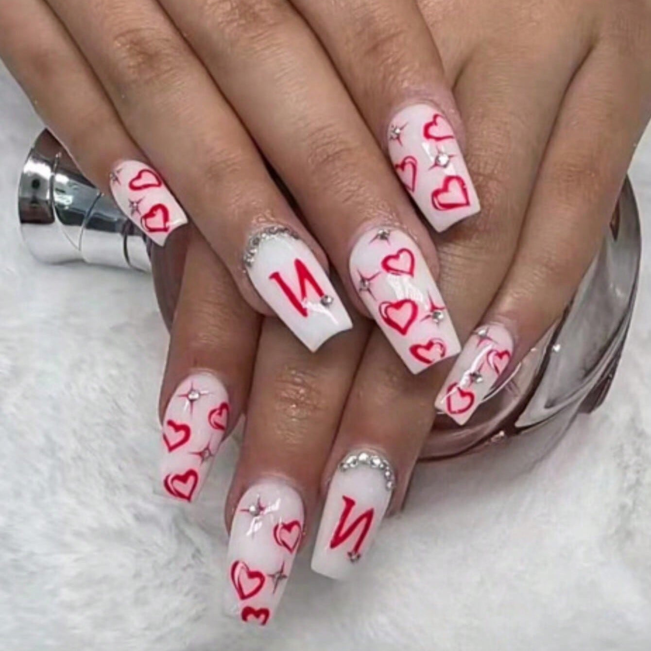 Valentine's Romance Long Square Shape White Press On Nails with Red Hearts and Rhinestone Accents