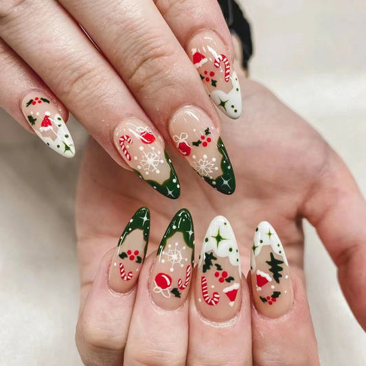 Festive Holiday Charm Medium Almond Multicolor Press On Nail Set with Christmas Patterns and Glitter Accents