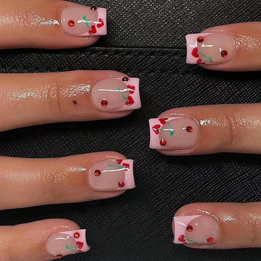 Valentine's Love Potion Short Square Pink Press On Nail Set with Cherry and Heart Accents