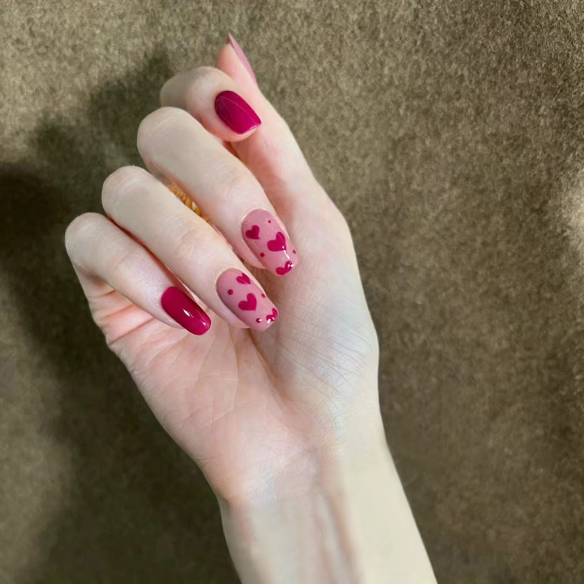 Valentine's Day Romance  Medium Square Burgundy Press On Nails with Heart Accents