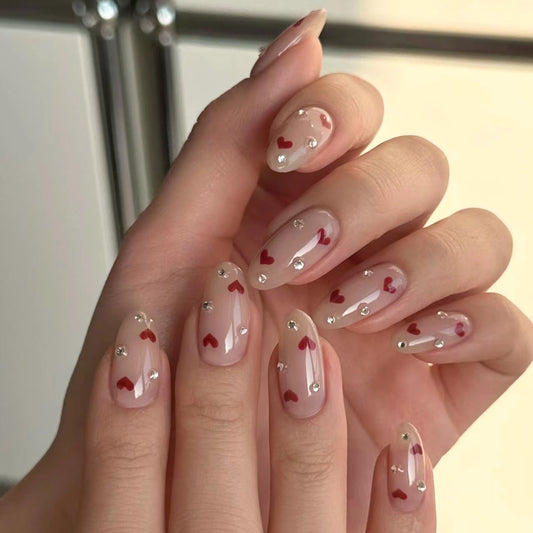 Valentine's Romance Medium Almond Clear Pink Press On Nail Set with Heart Accents and Rhinestone Embellishments