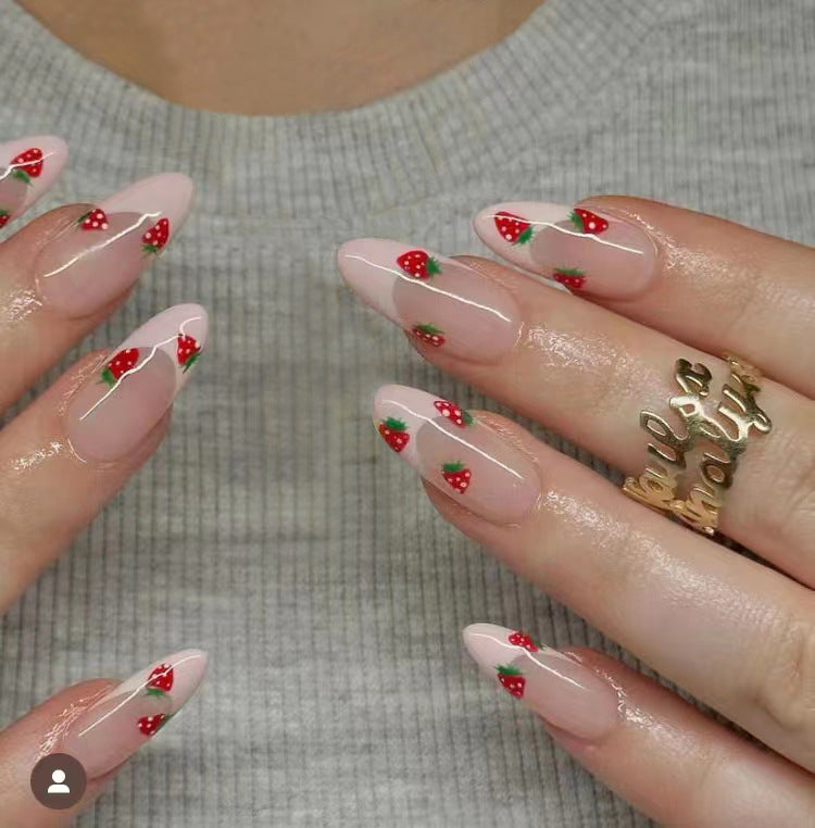 Strawberry Delight Long Almond Clear Press On Nail Set with Red and Green Accents