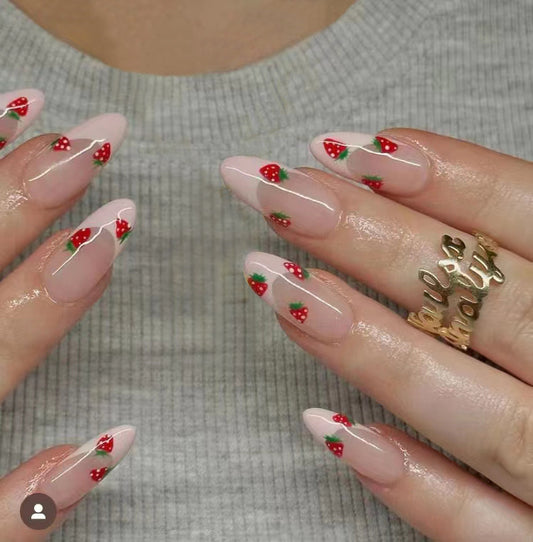 Strawberry Delight Long Almond Clear Press On Nail Set with Red and Green Accents