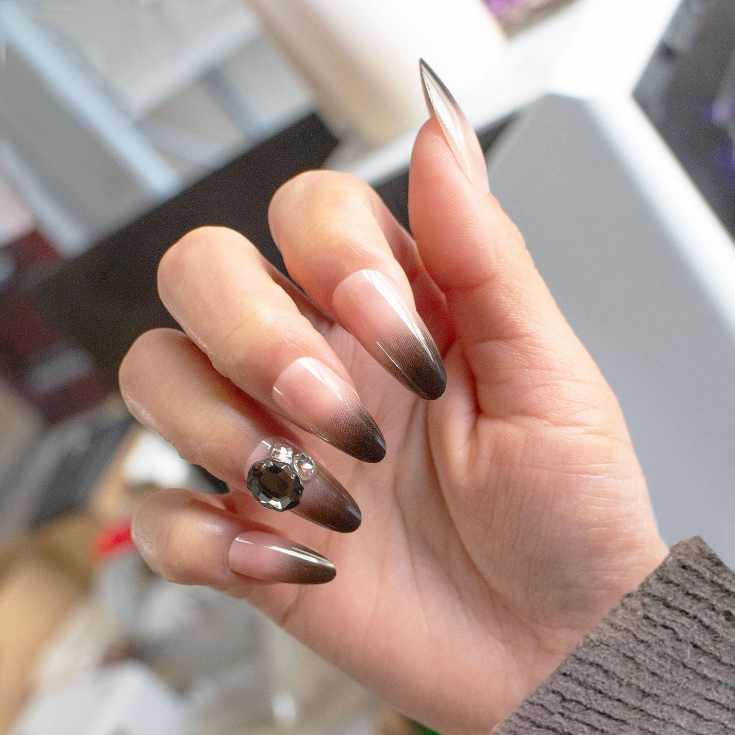 Glamour Night Long Oval Brown Ombre Press On Nail Set with Rhinestone Accents