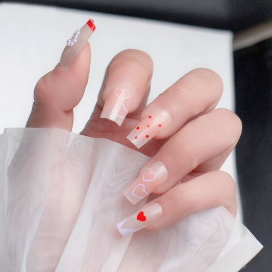 Valentine's Romance Medium Square Shape Sheer Pink Press On Nails with Heart Accents and Bead Embellishments