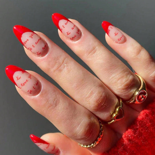 Romantic Red Long Almond Press On Nail Set with Love Script Design