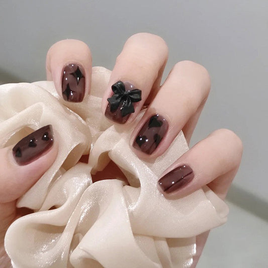 Elegant Evening Short Square Mocha Brown Press On Nails with 3D Bow Accent