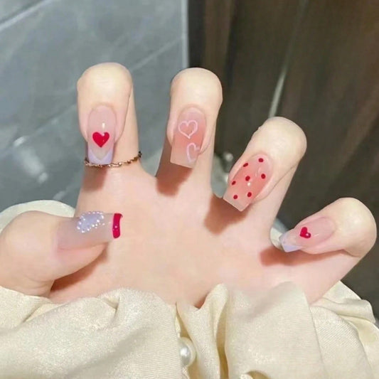 Valentine's Romance Long Square Pink Press On Nail Set with Heart Designs and Glitter Accents