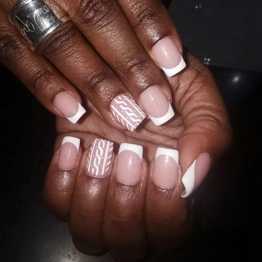 Elegant Safari Short Square French Tip Pink Press On Nail Set with Tribal Accent Design