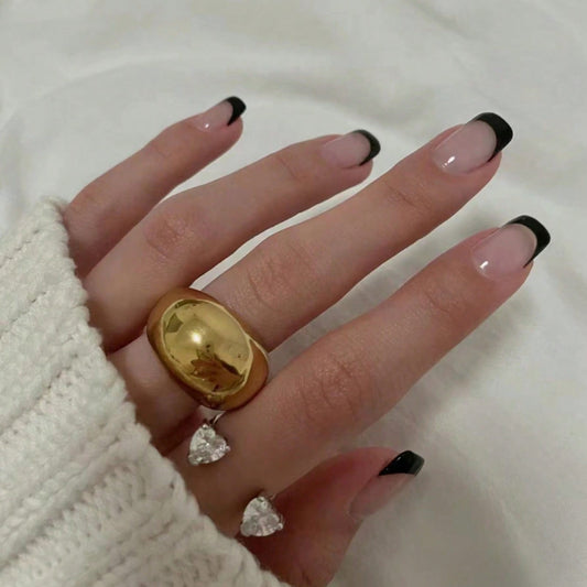 Elegant Evening Medium Square Black Tip French Manicure Press On Nail Set with Glossy Finish